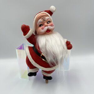 Vintage Flocked Velvet Dancing 8" Tall Santa Figure *MISSING STAND*